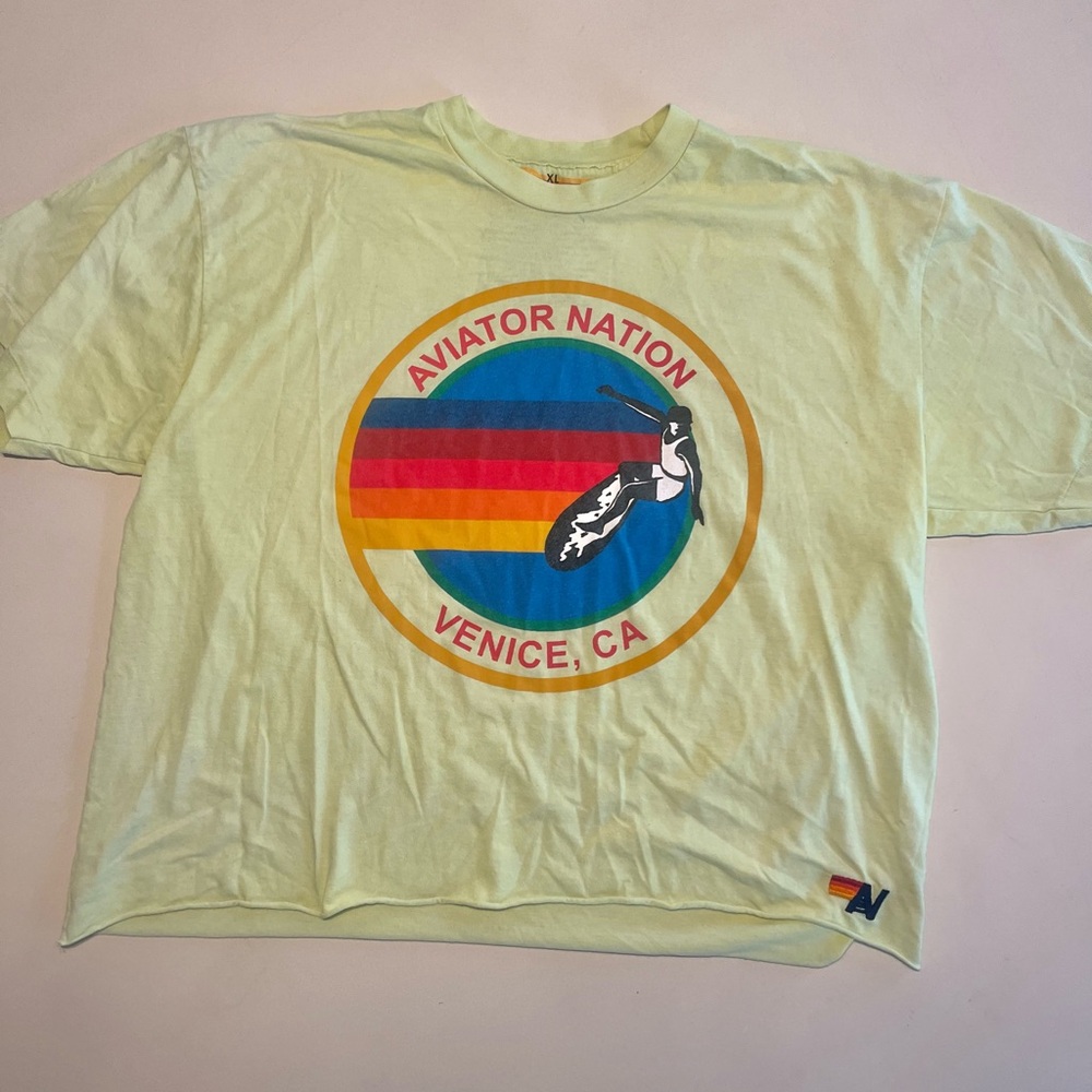 Aviator Nation Neon Green Tee with Colorful Logo